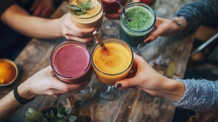 A dynamic shot of a group of friends sharing adaptogenic smoothies at a health discussing wellness routines