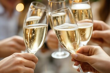 A group of people clink champagne glasses. new year, christmas, celebrating