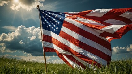 American Flag Waving Proudly on Green Lawn, Symbol of Patriotism and Freedom