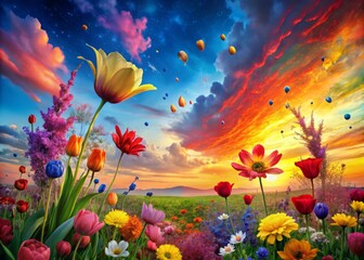 Fototapeta premium Vibrant Floral Artwork with Blue and Pink Serenity - Colorful Flowers Against a Canvas Backdrop with Paint Splashes - Panoramic Photography