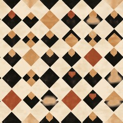 Fototapeta premium Vintage Folk Art checkerboard pattern on vintage beige fabric background, seamless repeating pattern, textile print style, minimal, Folk Art design, seamless checkerboard pattern, home decor, 