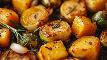 A close-up of roasted Brussels sprouts and butternut squash with garlic and rosemary, glistening under soft, warm light. The charred edges and vibrant colors create a rich, inviting feel,