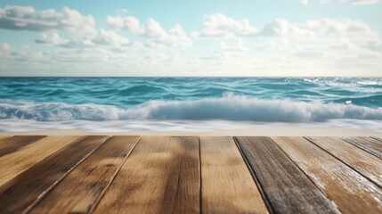 A serene view of a wooden deck beside a calm ocean, under a clear sky with fluffy clouds. Perfect for relaxation and getaway vibes.