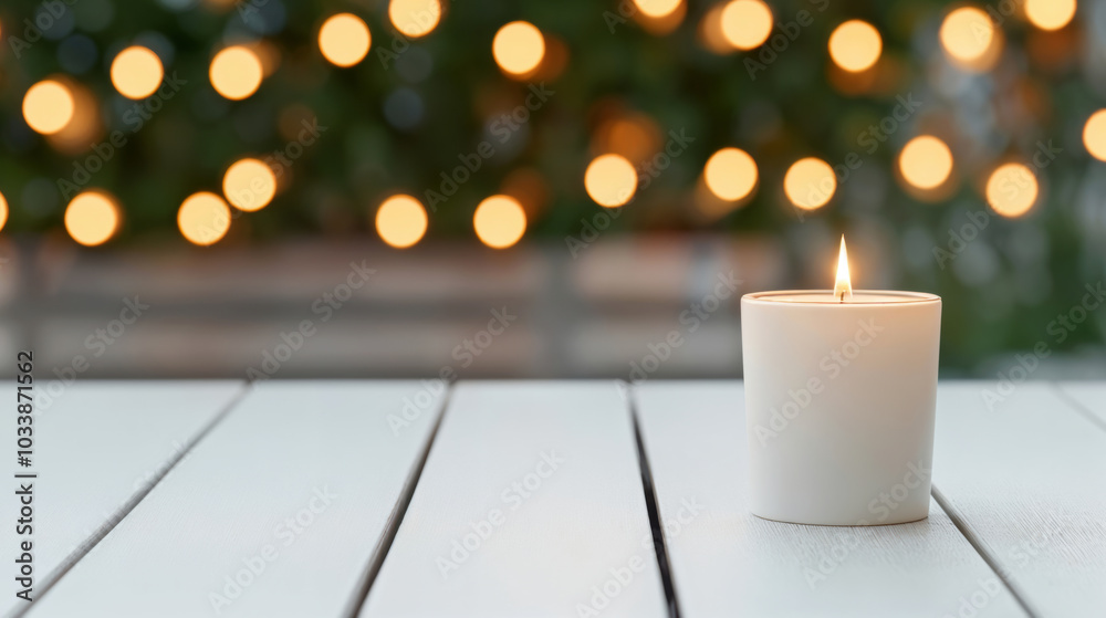 Poster burning candle lighting an empty table on a festive evening