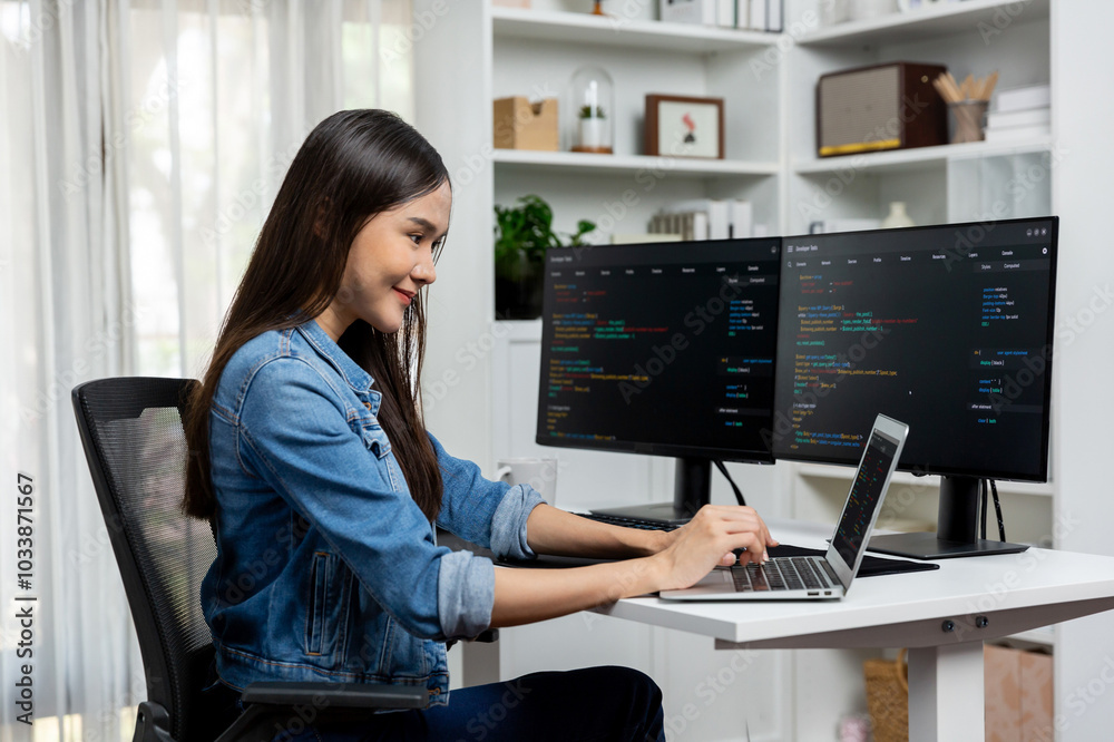 Poster smiling young asian in it developer creating with typing online information on laptop with coding pr