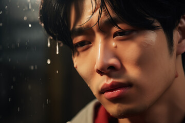 A Korean man in a dark coat, tears streaming down his face as he stands in a downpour, city lights blurred in the background, capturing a moment of deep sorrow