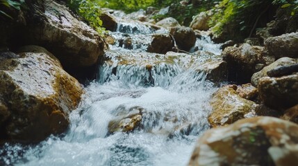 Fototapeta premium A dynamic shot of a mountain stream with crystal-clear water flowing over rocks, emphasizing purity