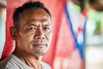 A middle-aged man stands with a thoughtful expression in front of a red background, evoking a sense of calm reflection and introspection.