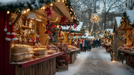 Fototapeta premium A festive holiday market with stalls decorated for Christmas, offering seasonal treats and handmade gifts
