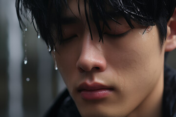 A Korean man in a dark coat, tears streaming down his face as he stands in a downpour, city lights blurred in the background, capturing a moment of deep sorrow