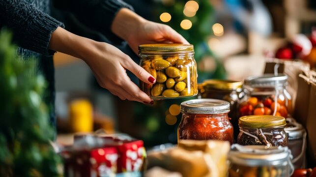 Woman Holding Jar of Pickled Olives at Christmas Market