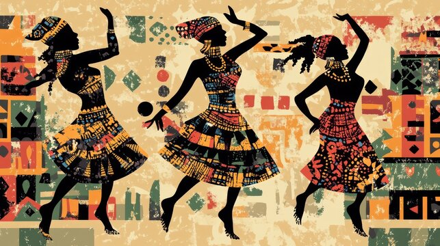Three women in colorful dresses dancing in front of a wall with a lot of differe