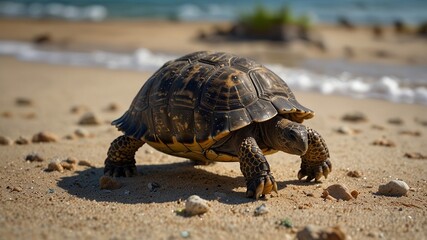 Obraz premium Baby Tortoise Adventures on the Beach
