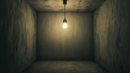 Dark empty room with single flickering light bulb casting long shadows, emphasizing absence of power and eerie atmosphere, minimalist setting with focus on light bulb's glow.