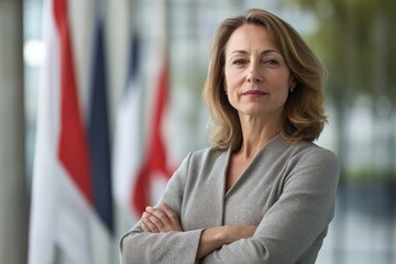 Fototapeta premium A confident professional woman stands with arms crossed, flags in the background, representing leadership, strength, and international connections in a modern setting.
