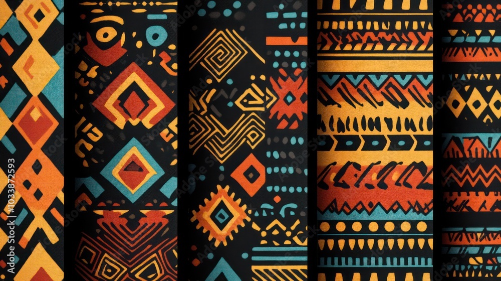 Aufkleber a series of colorful and intricate patterns, with a mix of blue, orange