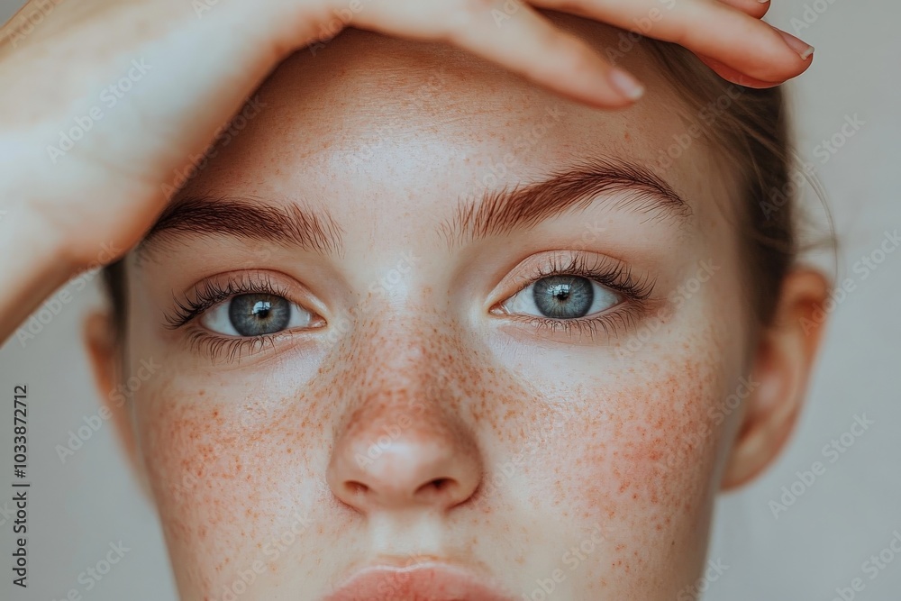 Poster A detailed capture of a freckled face with an expression of calmness, showing a hand gently laid on the forehead under natural lighting.