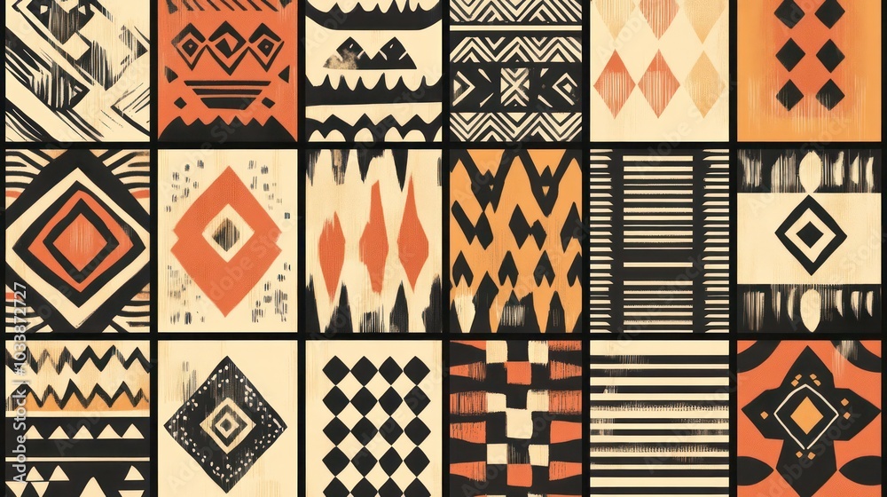 Poster A collection of abstract patterns in black and orange