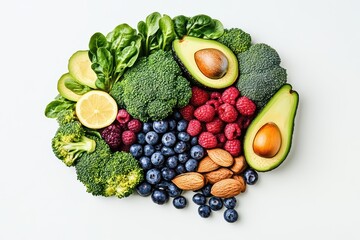 A vibrant assortment of fresh fruits and vegetables, featuring broccoli, avocados, berries, and leafy greens, showcasing healthy eating.