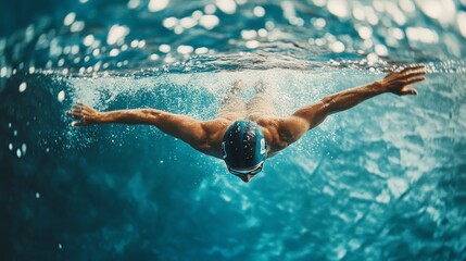 A dynamic shot of a swimmer gliding through the water, using physical activity to support mental health