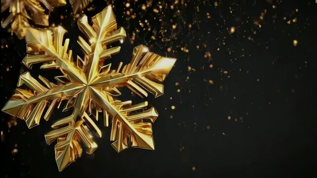 Animated video Christmas festive black background with 3D crystal gold one big snowflake, sparkls and copyspace, perfect for holiday cards and seasonal messages.
