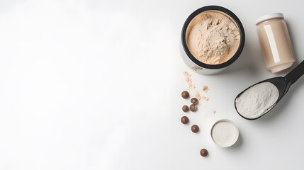 Sports nutrition. Scoop of protein near shaker on white background top view copy space. 