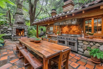 A rustic outdoor kitchen integrates seamlessly with a lush forest setting featuring a large wooden dining table and stone fireplace for a cozy cooking experience