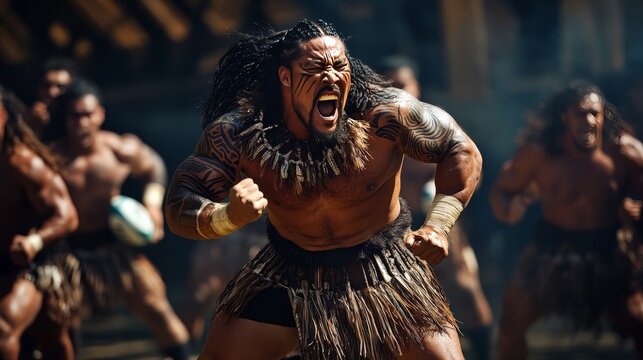 A dynamic shot of a traditional Maori haka being performed before a rugby match, combining sports and cultural heritage