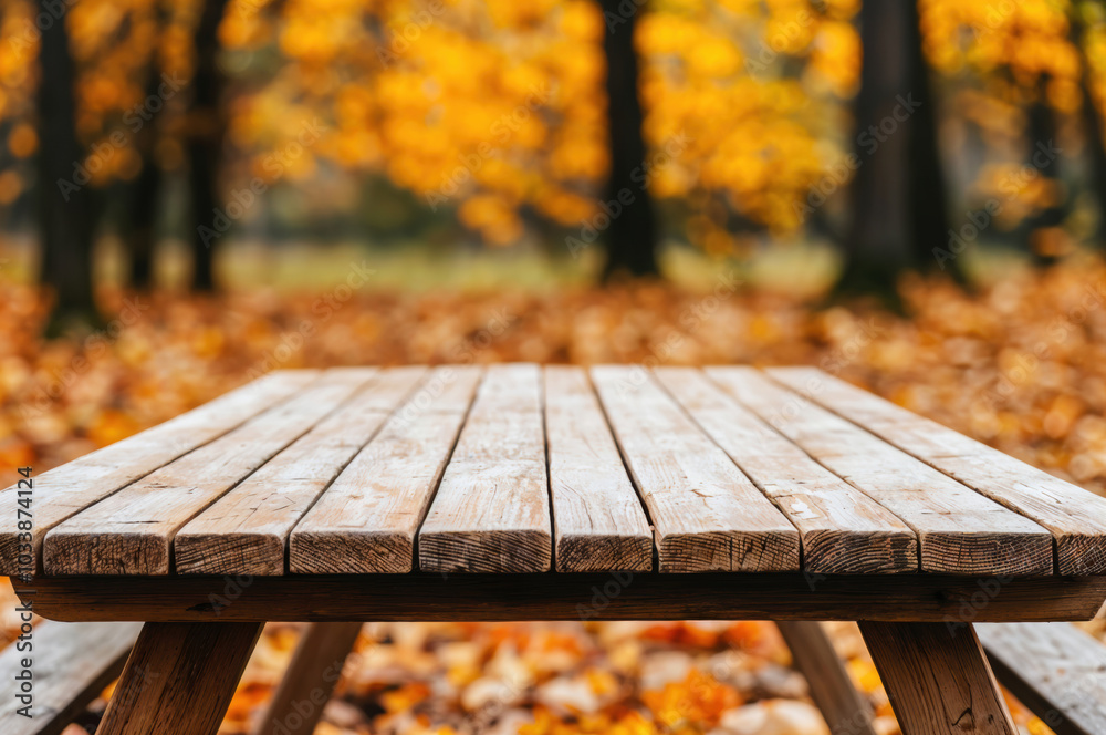 Aufkleber empty wooden table presenting autumn background with blurry trees