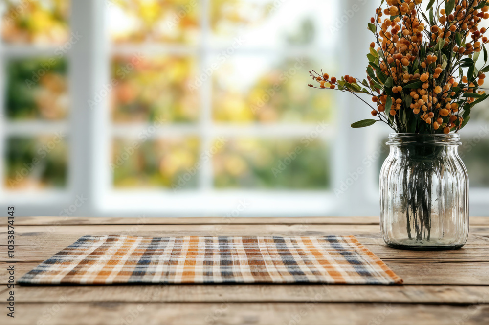 Poster empty table presenting cozy autumn atmosphere by window