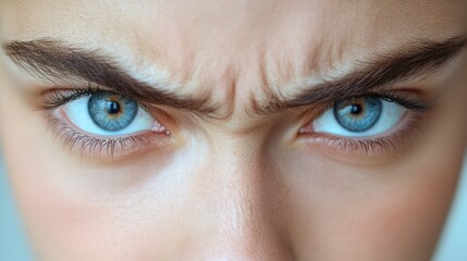 A woman with blue eyes and a furrowed brow