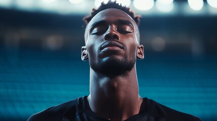A dynamic shot of an athlete visualizing success before a game, eyes closed and focused