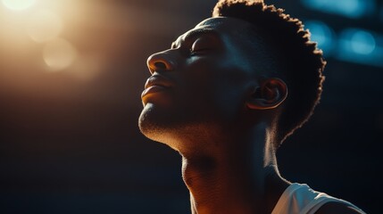 A dynamic shot of an athlete visualizing success before a game, eyes closed and focused