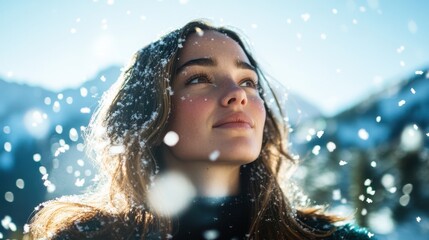 Fototapeta premium Serene Winter Portrait: Young Woman Amid Falling Snowflakes