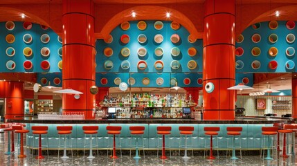 A vibrant and colorful bar interior design featuring bold red columns and circular wall accents creating an inviting and lively atmosphere for social gatherings