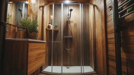 Cozy wooden shower area with modern fixtures in a small cabin setting during evening hours