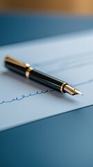 Fototapeta premium Elegant fountain pen resting on blue paper with handwritten notes.