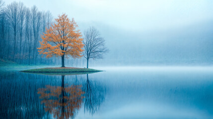 Arbre solitaire aux feuilles jaunes au milieu d'un lac avec de la brume