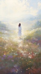 Fototapeta premium Young woman in a flower meadow in spring painting outdoors walking.