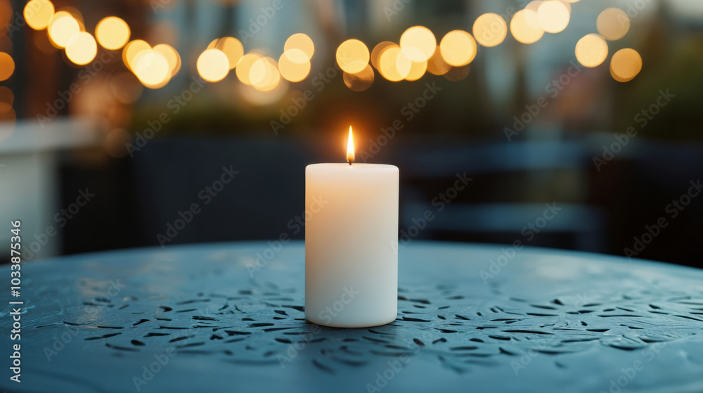 Poster white candle burning on an empty table in a restaurant