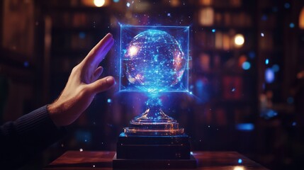 A hand is touching a cube that is glowing blue