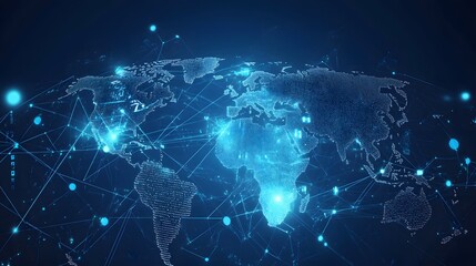 Fototapeta premium Digital World Map with Interconnected Blue Lines and Glowing Nodes