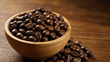 Fototapeta premium Coffee Beans on a Wooden Bowl with Copy Space