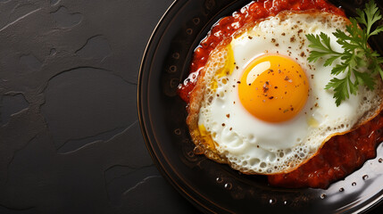Fried egg. Close up view of the fried egg on a frying pan. Salted and spiced fried egg with parsley on cast iron pan and black background.