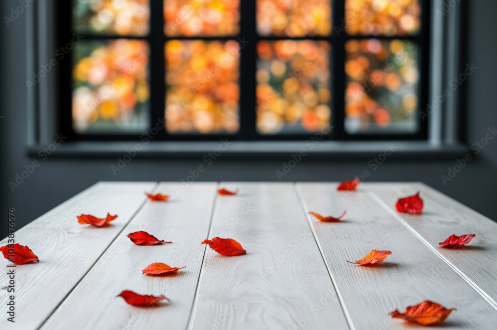 Aufkleber red autumn leaves lying on empty table near window