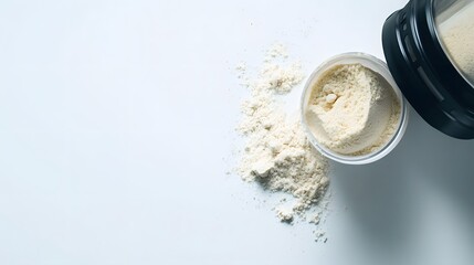 Naklejka premium Sports nutrition. Scoop of protein near shaker on white background top view copy space. 
