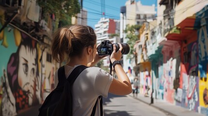 Fototapeta premium A photographer captures vibrant street art in a colorful urban alley during a sunny day in Buenos Aires