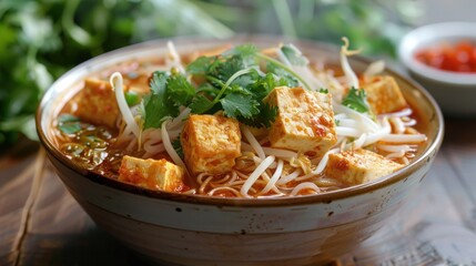 Freshly prepared bowl of steaming hot and aromatic Vietnamese pho noodle soup with soft tofu fresh vegetables and savory garnishes  This traditional