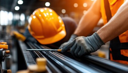 A skilled worker measures metal components with precision tools in a modern industrial environment.