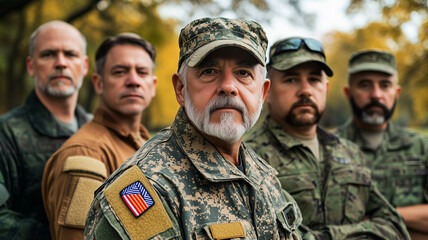 Fototapeta premium A group of veterans, each from different military branches, standing together in unity on Veterans Day